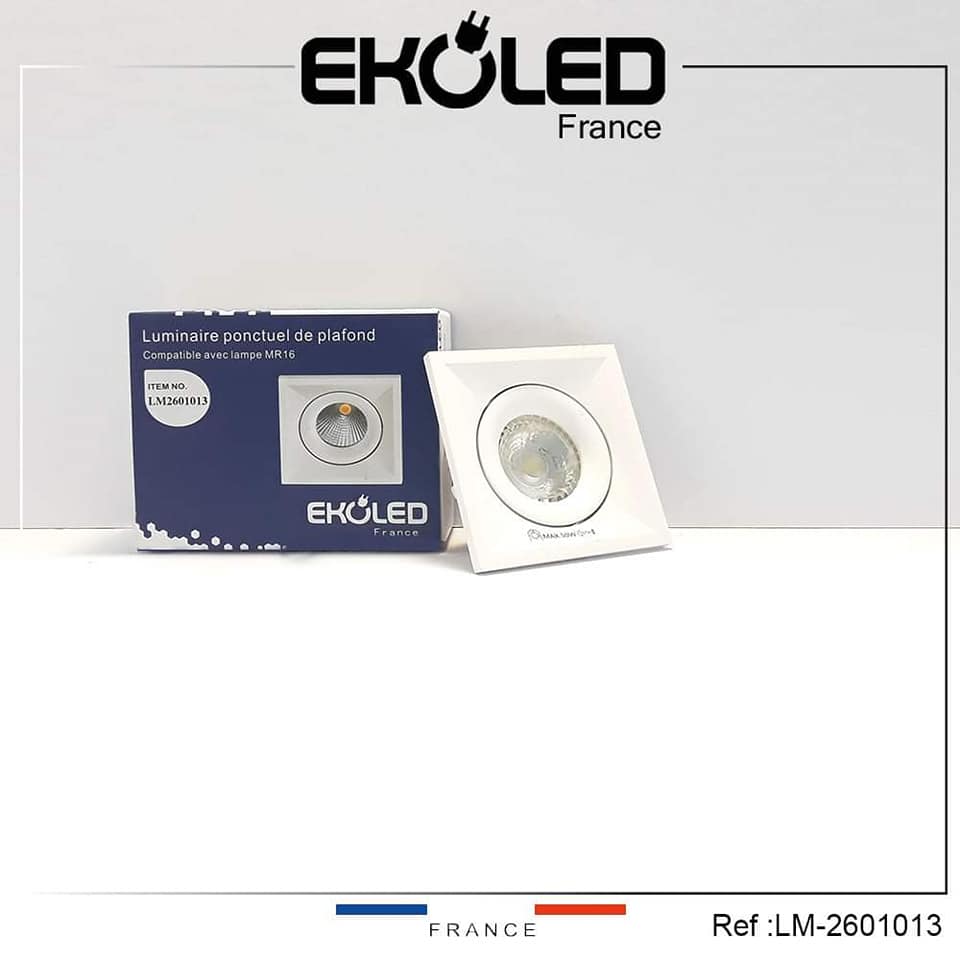 SUPPORT DE SPOT EKOLED CARRE ORIENTABLE BLANC POUR AMPOULE LED MR16 / GU10 / 220V / IP20 1013