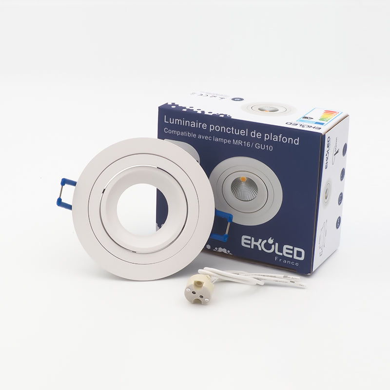 SUPPORT SPOT ROND ORIENTABLE EKOLED EN ALUMINIUM POUR AMPOULE LED MR16 / GU10 / 220V / 12V BLANC IP20 2002