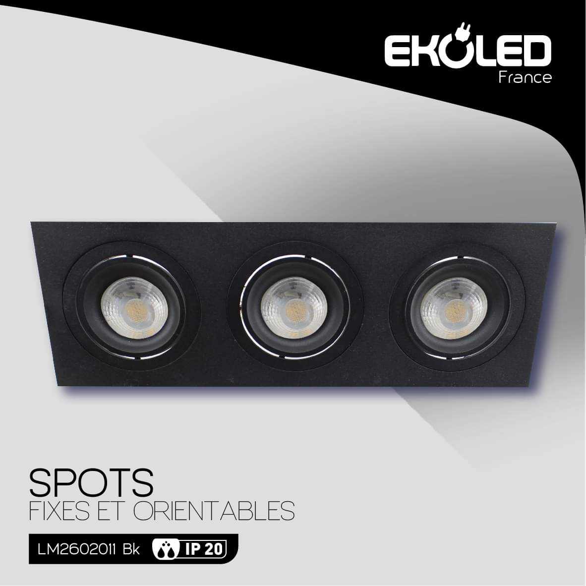 SUPPORT DE SPOT EKOLED RECTANGULAIRE TRIPLE  NOIR EN ALUMINIUM POUR AMPOULE LED MR16 / GU10 / 220V / 12V  IP20 2011