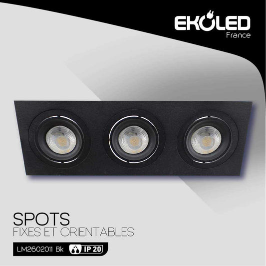 SUPPORT DE SPOT EKOLED RECTANGULAIRE TRIPLE  NOIR EN ALUMINIUM POUR AMPOULE LED MR16 / GU10 / 220V / 12V  IP20 2011