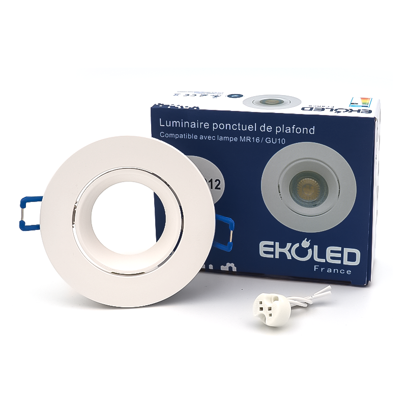 SUPPORT SPOT ROND ORIENTABLE EKOLED  POUR AMPOULE LED MR16 / GU10 / 220V / 12V BLANC IP20 5012